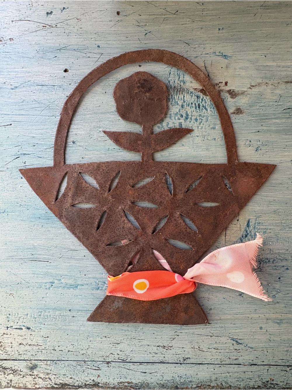 Rustic Sheet Metal Flower Basket Wall Accent with Orange Bow - Picture 4 of 8